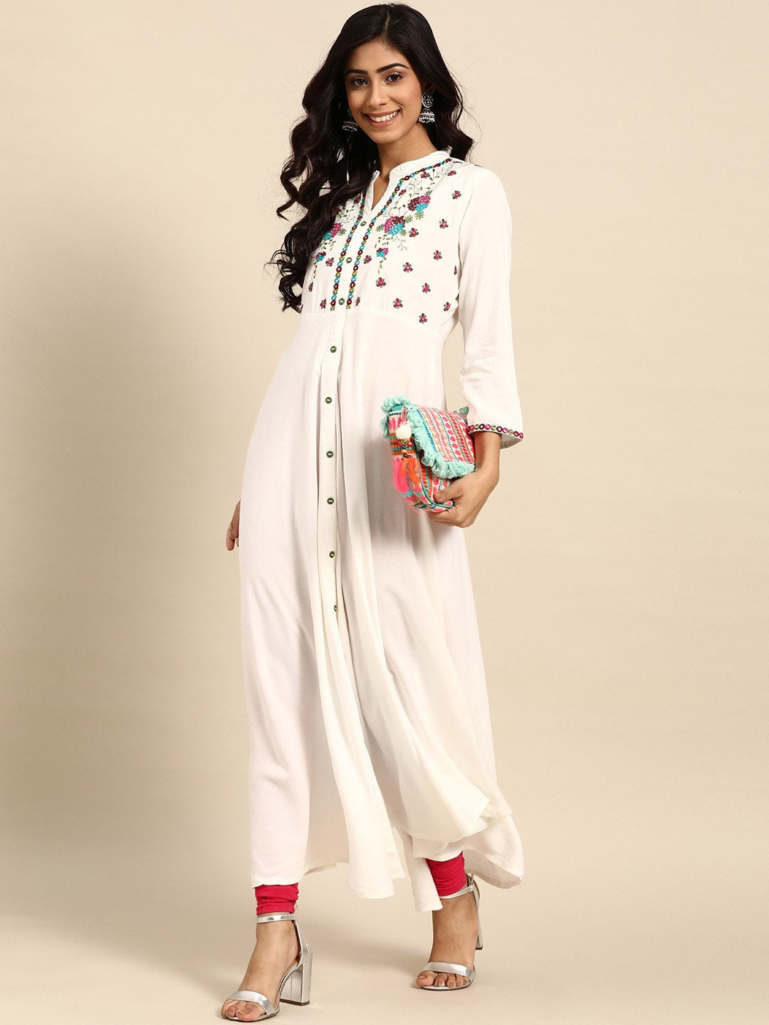All about you White Floral Yoke Designed Mandarin Collar Cotton Anarkali Kurta