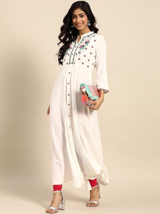 All about you White Floral Yoke Designed Mandarin Collar Cotton Anarkali Kurta