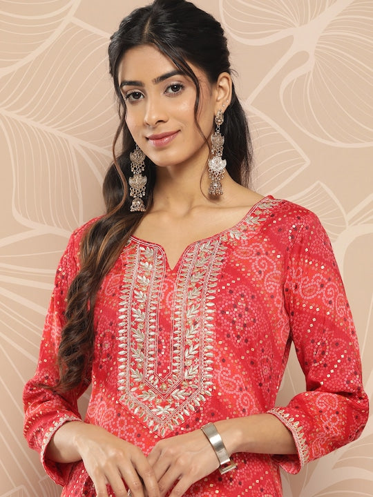 Yufta Bandhani Printed Gotta Patti Kurta Red