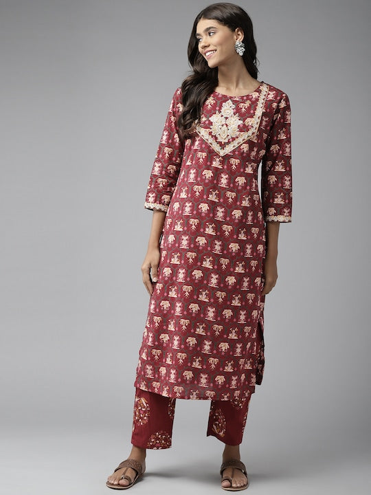 Yufta Women Maroon Ethnic Motifs Printed Pure Cotton Kurta with Trousers