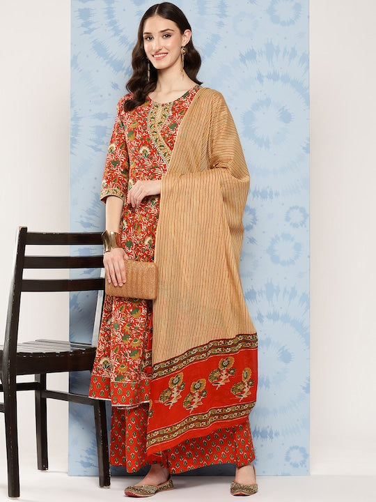Yufta Women Printed Angrakha Gotta Patti Pure Cotton Kurta with Palazzos & With Dupatta