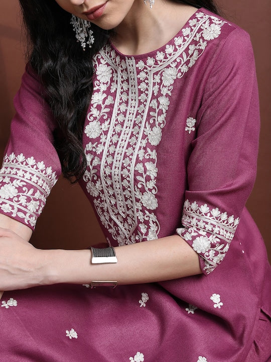 Vishudh Faux Pashmia Floral Embroidered Round Neck Kurta with Trousers