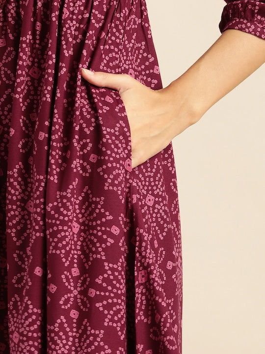 All about you Maroon & Pink Bandhani Printed A-Line Midi Dress