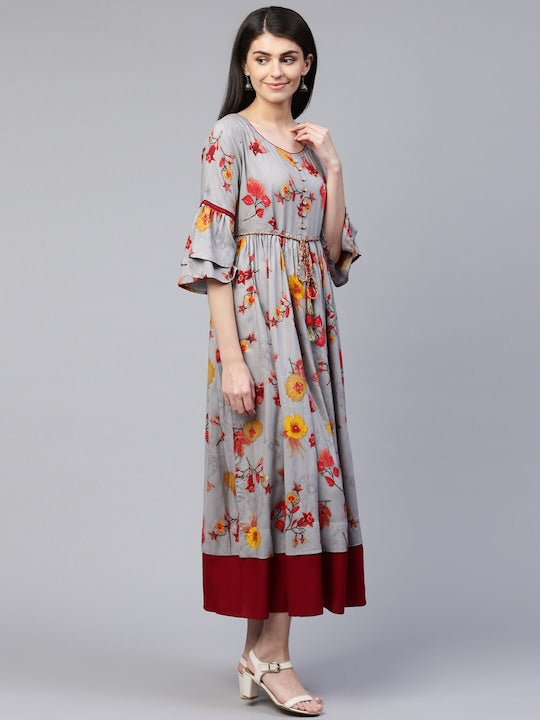All about you Grey & Red Floral Printed Bell Sleeve Layered Maxi Dress