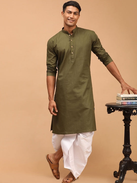 Vastramay Men Olive Green Kurti with Dhoti Pants