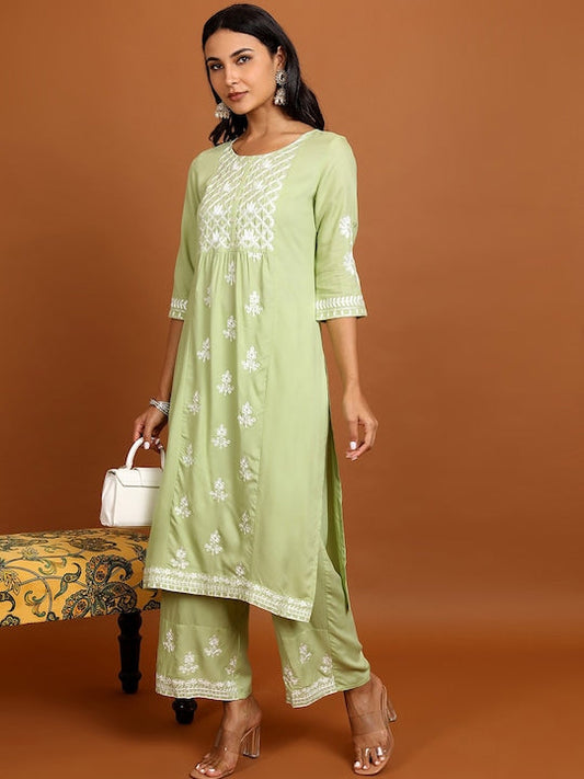Vishudh Floral Embroidered Thread Work Straight Kurta With Palazzos