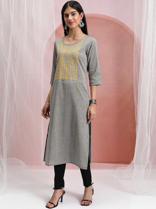 Vishudh Grey & Yellow Ethnic Motifs Yoke Design Thread Work Cotton Kurta