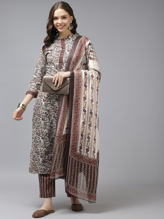 Yufta Women Brown Ethnic Motifs Printed Pure Cotton Kurta with Trousers & With Dupatta