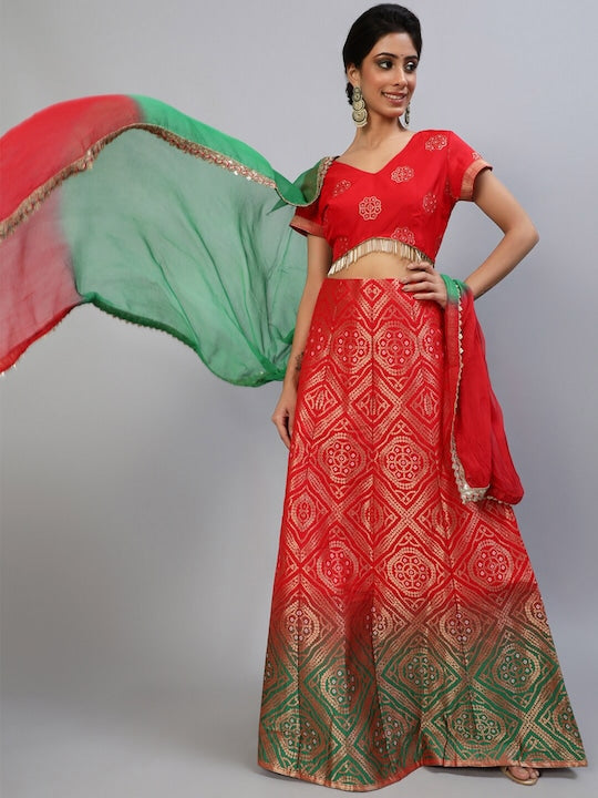 AKS Red Woven Design Ready to Wear Lehenga & Blouse With Dupatta