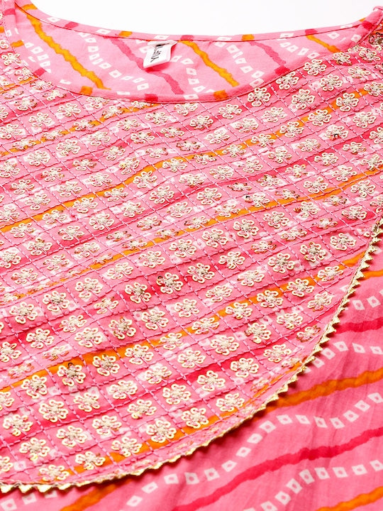 Yufta Women Pink Bandhani Yoke Design Regular Sequinned Pure Cotton Kurta with Palazzos