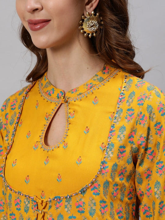 Anubhutee Women Yellow & Blue Floral Printed Empire Kurta With Trousers