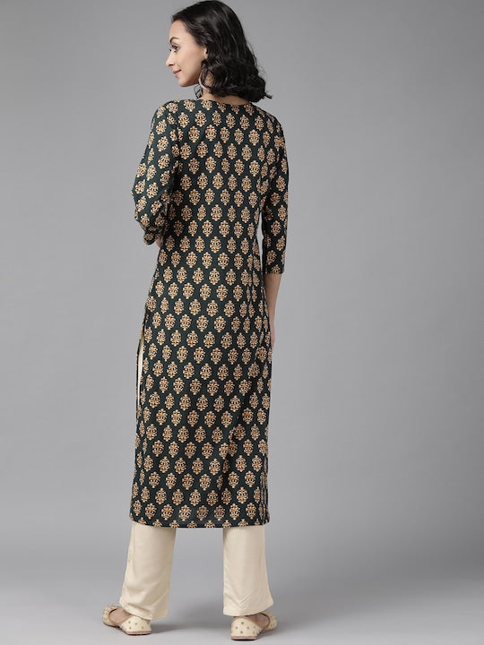 Yufta Women Teal Green & Mustard Yellow Ethnic Printed Pure Cotton Kurta with Palazzos
