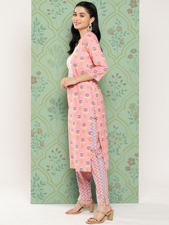 Yufta Floral Embroidered Regular Pure Cotton Kurta with Trousers & With Dupatta