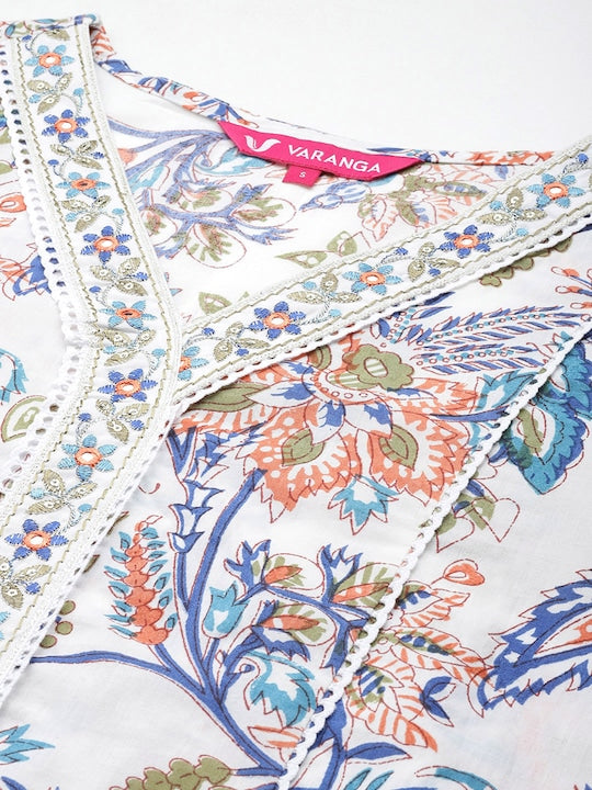 Varanga Women Floral Printed Regular Pure Cotton Kurta with Trousers