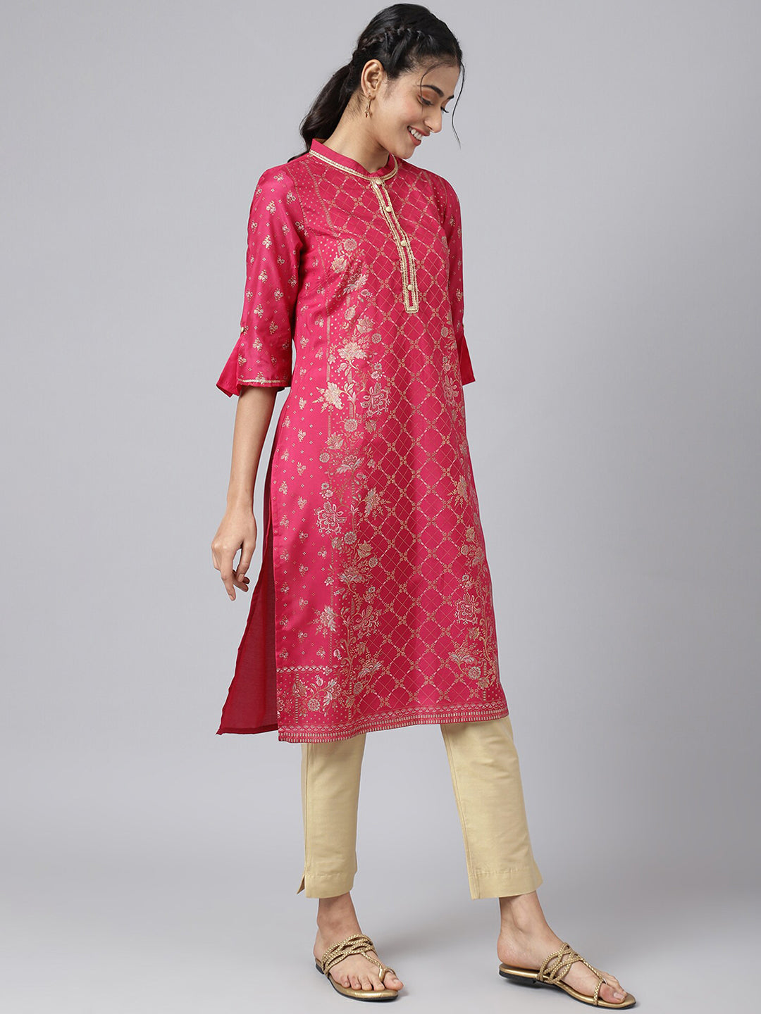 Aurelia Women Pink & Gold-Toned Ethnic Motifs Printed Kurta