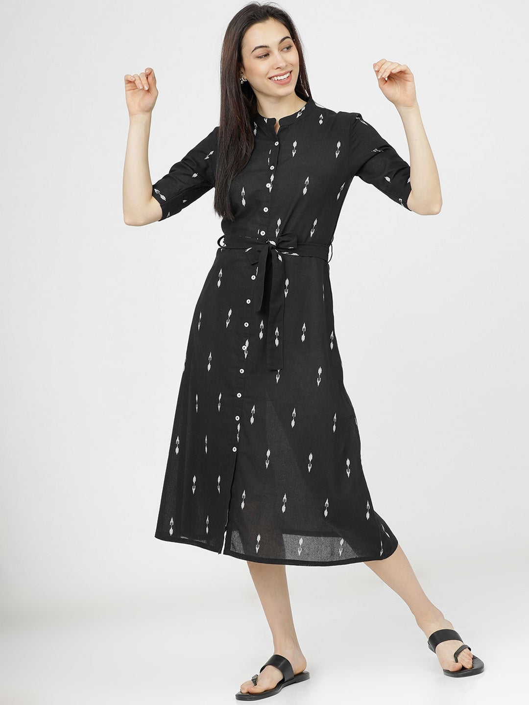 Vishudh Black Floral Ethnic A-Line Midi Dress