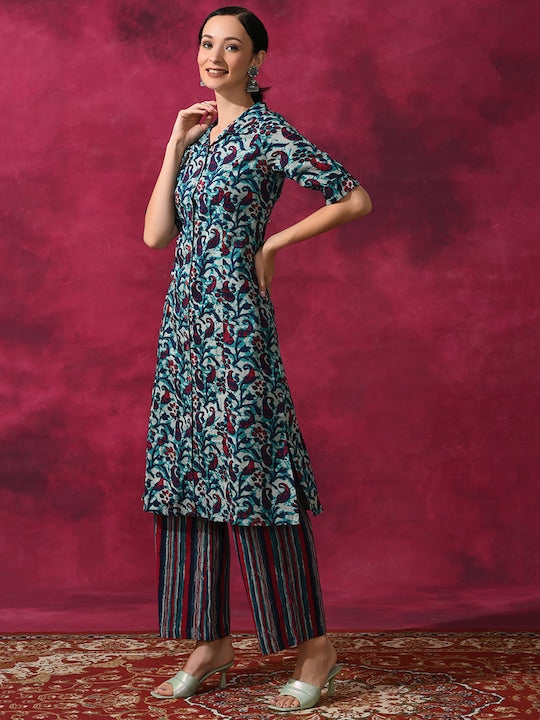 AKS Ethnic Motifs Printed Pure Cotton A-line Kurta with Palazzos