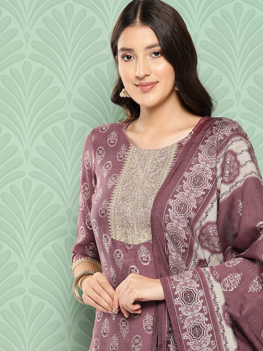 Yufta Women Floral Yoke Design Regular Chanderi Silk Kurta with Trousers & Dupatta