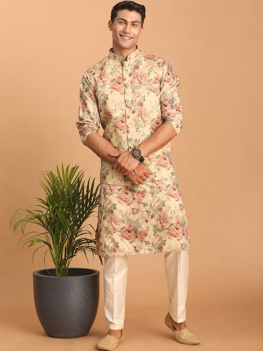 Vastramay Floral Printed Kurta with Pyjamas with Nehru Jacket