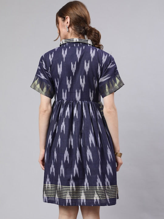 AKS Navy Blue Abstract Printed Shirt Collar Fit & Flare Dress