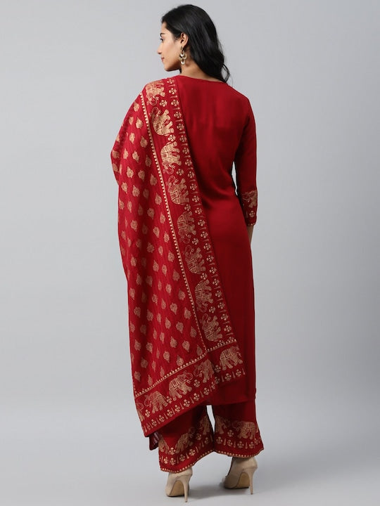 Yufta Maroon & Gold Toned Pure Cotton Kurta With Palazzos & Dupatta