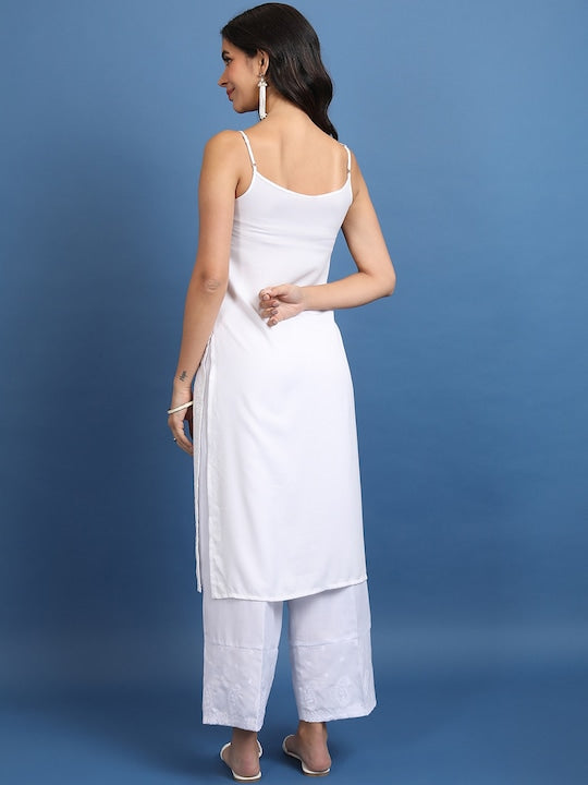 Vishudh Floral Embroidered Shoulder Strapped Schiffli Straight Kurta