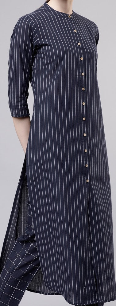 Vishudh Women Navy Blue & Off-White Striped Kurta with Palazzos