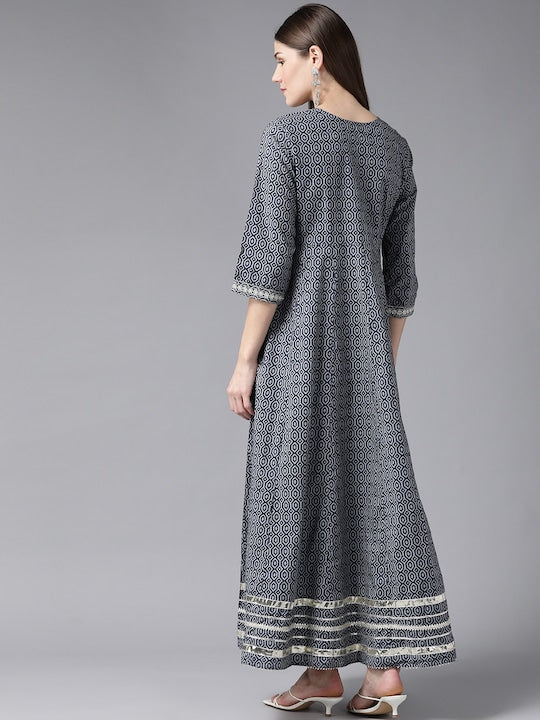 Yufta Women Grey Geometric Printed Mirror Work Kurta