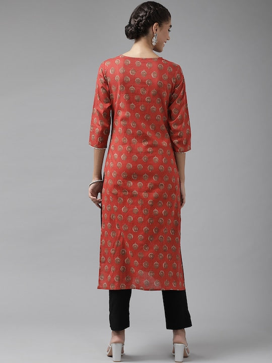 Yufta Women Red Ethnic Motifs Printed Gotta Patti Kurta