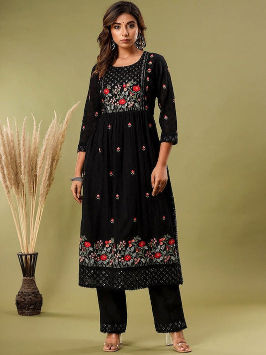 Vishudh Black Floral Embroidered Regular Pure Cotton Kurta With Trousers & Dupatta