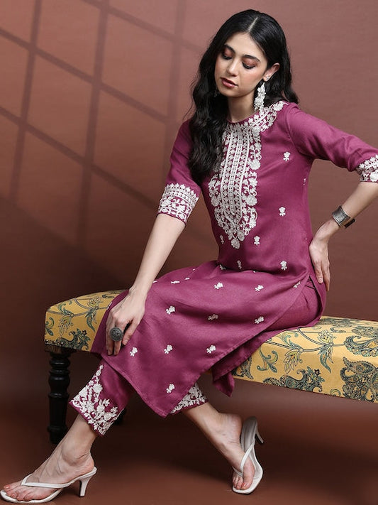 Vishudh Faux Pashmia Floral Embroidered Round Neck Kurta with Trousers