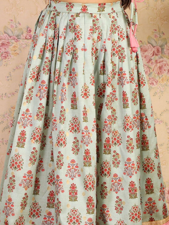 Vastramay Girls Blue & Pink Printed Angrakha Style Printed Ready to Wear Lehenga Set
