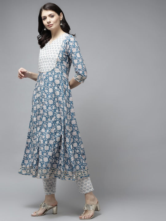 Yufta Women Navy Blue Floral Printed Sequinned Pure Cotton Kurta with Palazzos & With Dupatta
