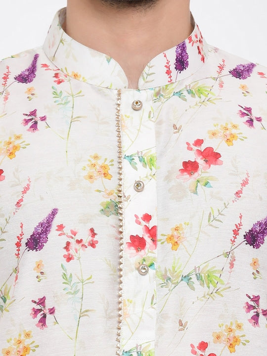 Vastramay Men Cream-Coloured Floral Printed Kurta with Pyjamas