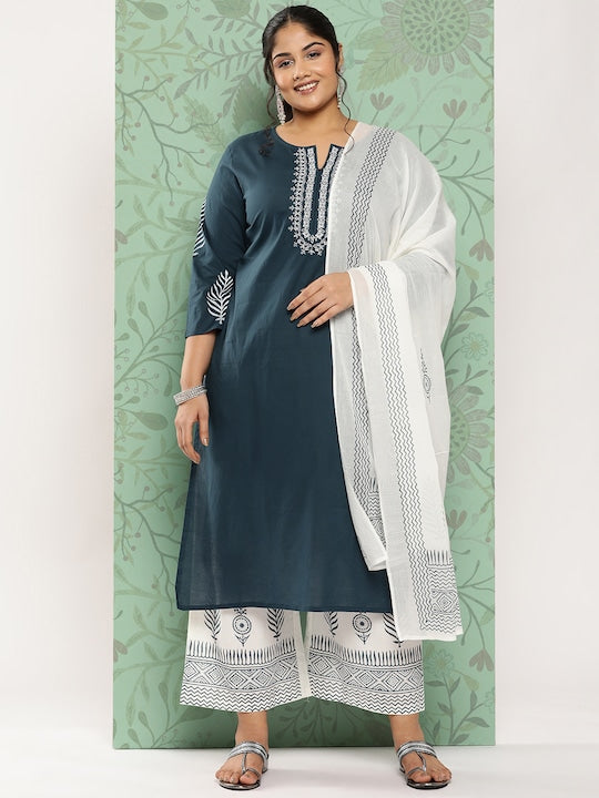 Yufta Plus Size Ethnic Motifs Embroidered Pure Cotton Kurta with Palazzos & With Dupatta
