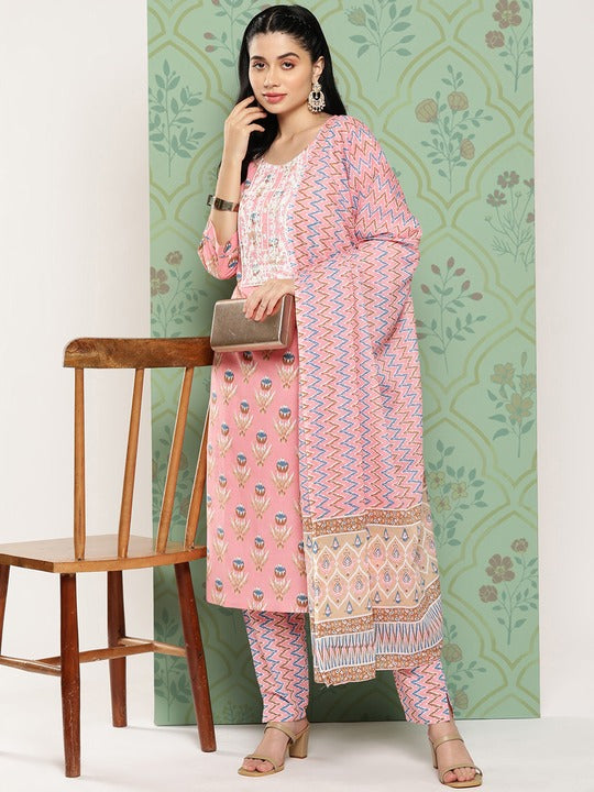 Yufta Floral Embroidered Regular Pure Cotton Kurta with Trousers & With Dupatta