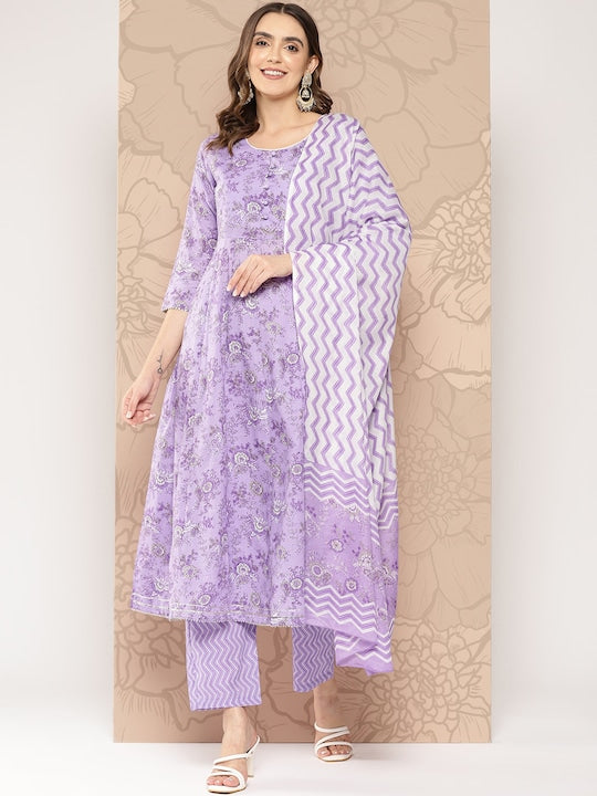 Yufta Women Floral Printed Gotta Patti Pure Cotton Kurta with Trousers & With Dupatta