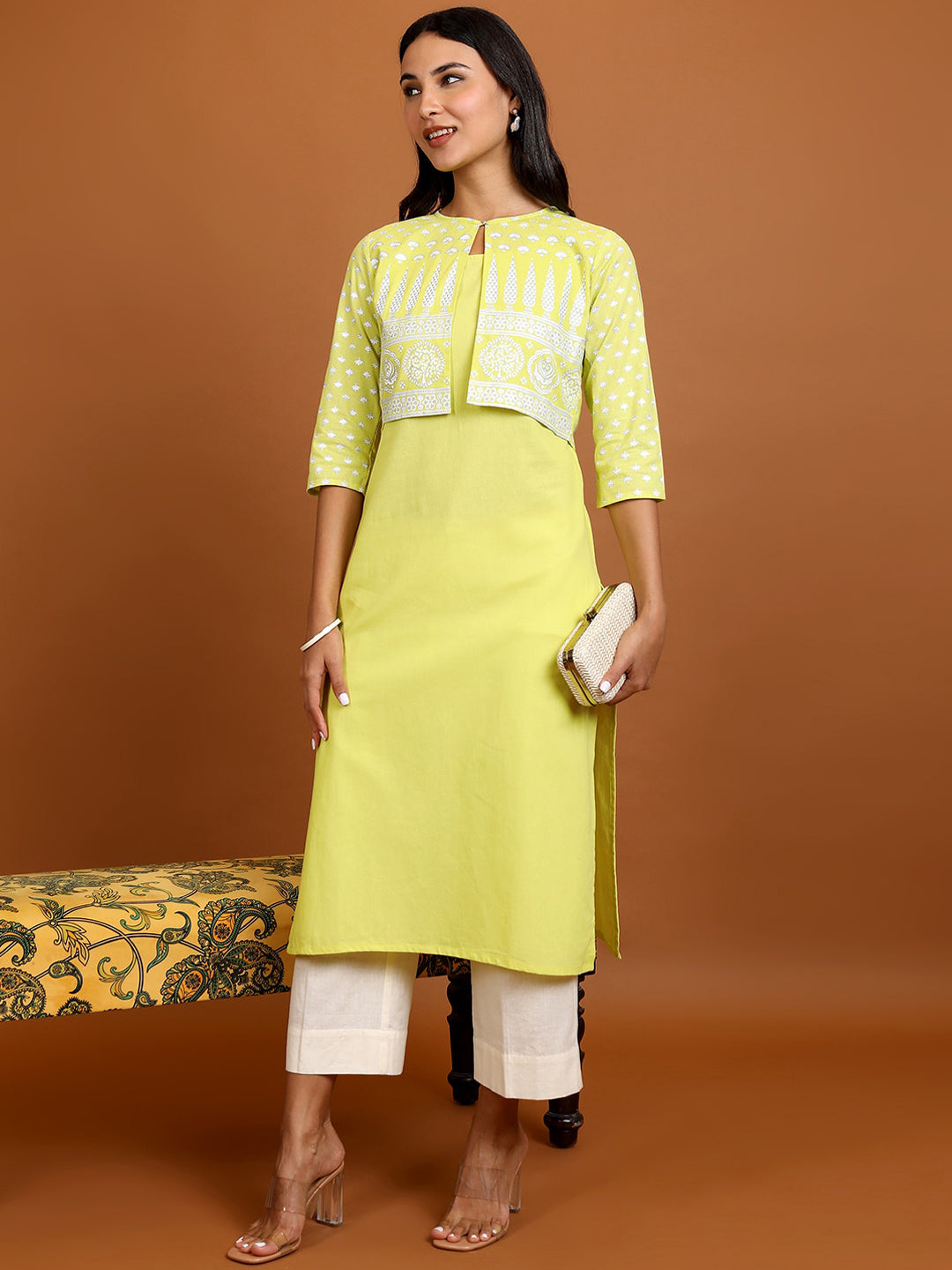 Vishudh Sleeveless Pure Cotton Kurta With Trousers & Printed Jacket