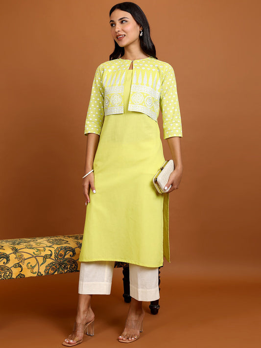 Vishudh Sleeveless Pure Cotton Kurta With Trousers & Printed Jacket