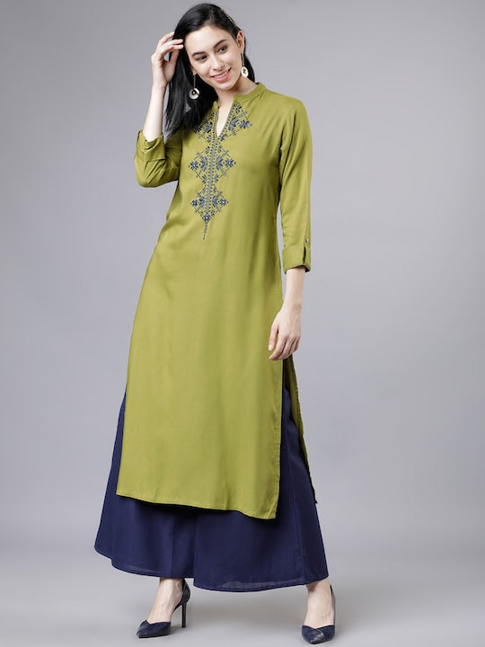 Vishudh Women Green Embroidered Straight Kurta