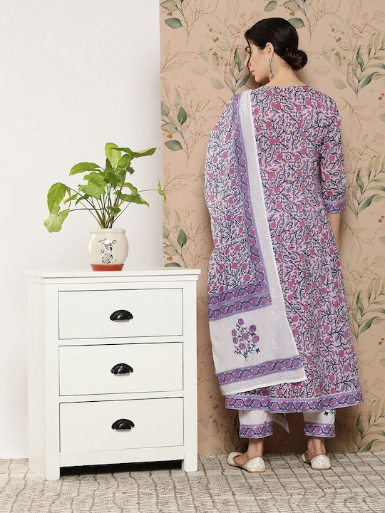 Yufta Floral Printed Kantha Work Pure Cotton Kurta with Trousers & Dupatta