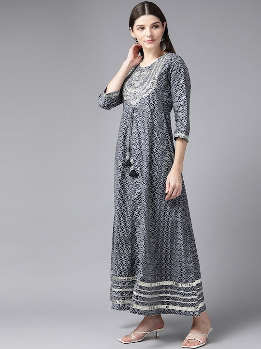 Yufta Women Grey Geometric Printed Mirror Work Kurta