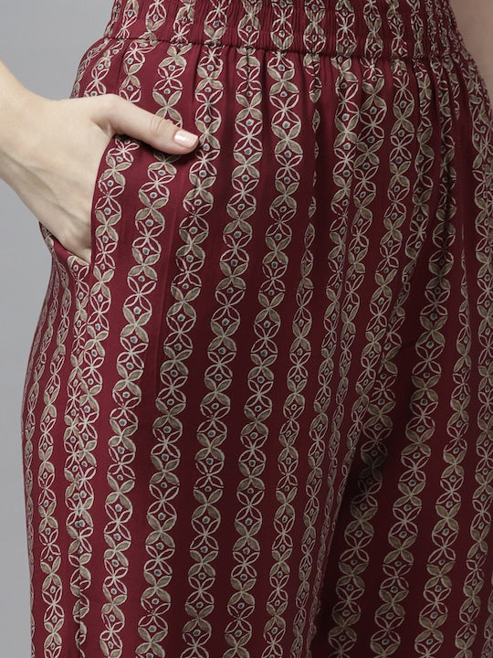 Yufta Women Maroon Paisley Printed Thread Work Kurta With Trousers & With Dupatta
