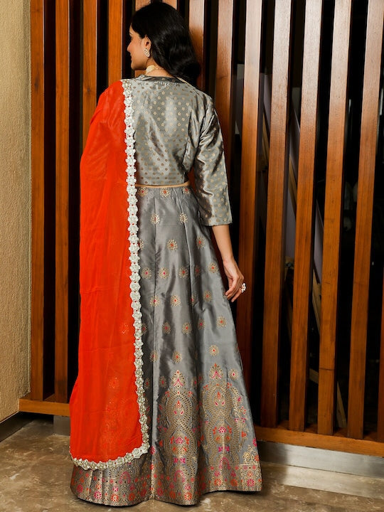 AKS Couture Woven Design Mirror Work Ready to Wear Lehenga & Blouse With Dupatta