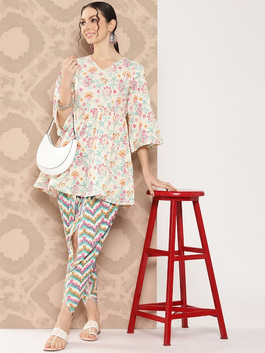 Yufta Women Floral Printed Regular Gotta Patti Pure Cotton Kurti with Dhoti Pants Cream/Pink