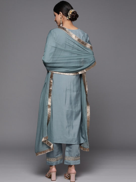 Varanga Women Grey Ethnic Motifs Gotta Patti Kurta with Trousers & With Dupatta