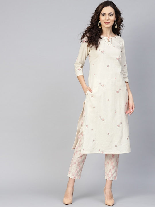 Yufta Women Off-White Printed Kurta with Trousers - XXL