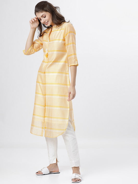 Vishudh Women Yellow & Off White Striped Pathani Kurta
