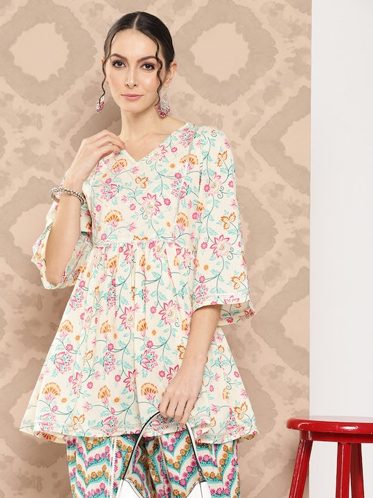 Yufta Women Floral Printed Regular Gotta Patti Pure Cotton Kurti with Dhoti Pants Cream/Pink