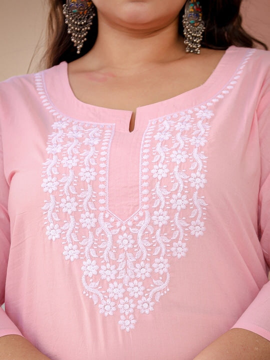 Yufta Plus Size Floral Embroidered Chikankari Pure Cotton Kurta